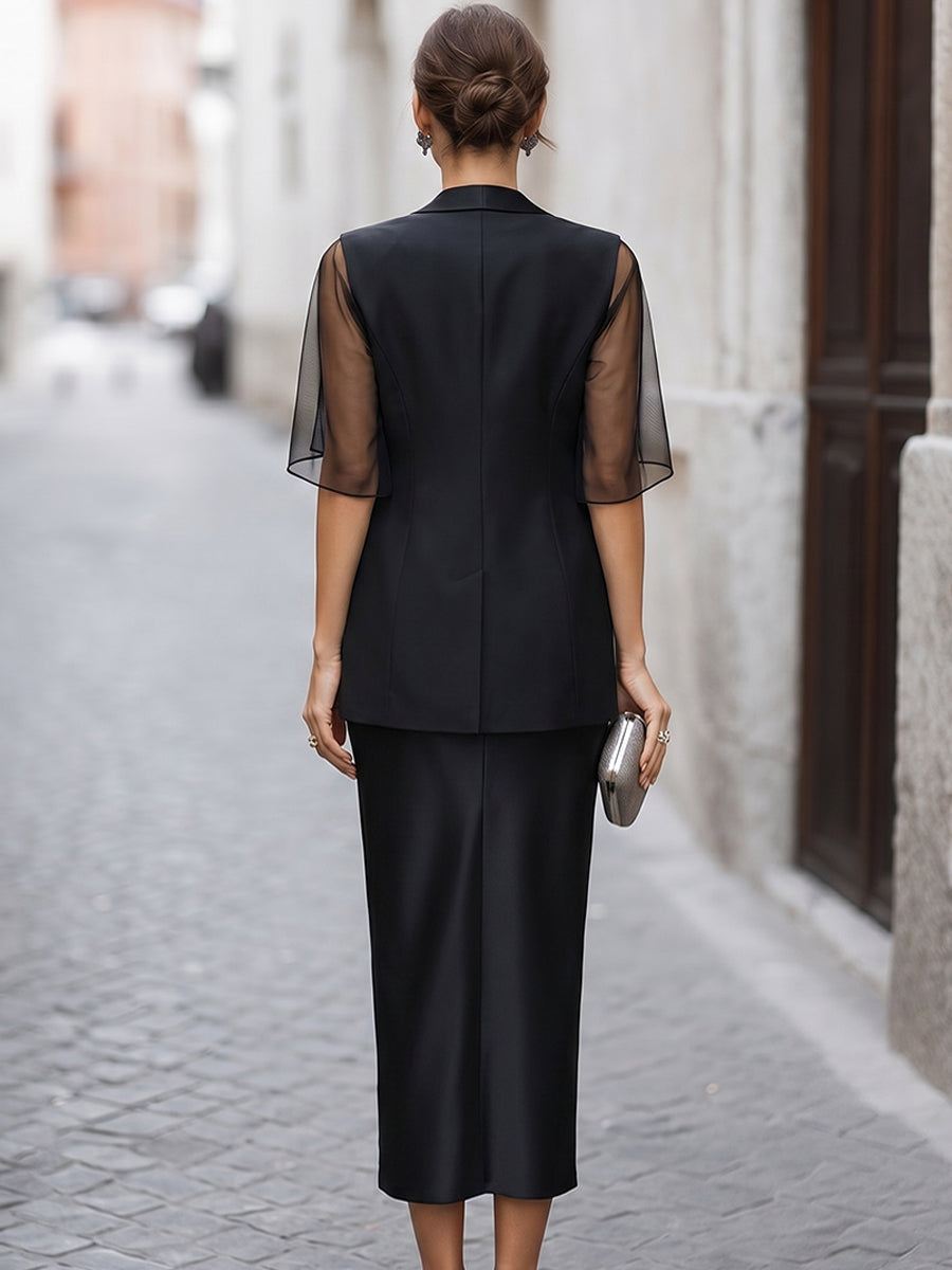 Sheer Mesh Sleeve Blazer & Illusion Neck Satin Midi Dress Two-Piece Set