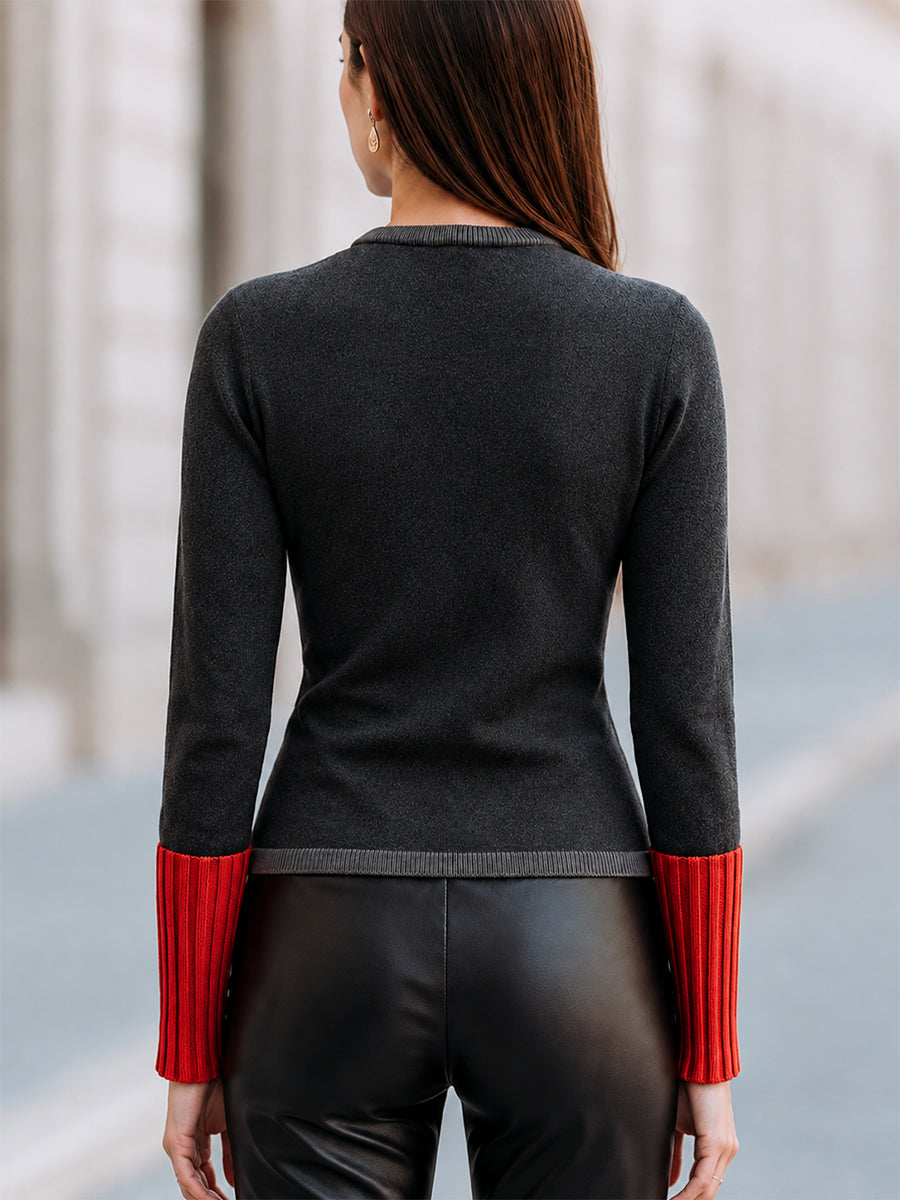 Contrast Trim Button-Front Knit Cardigan