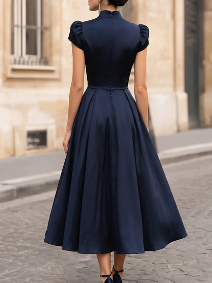 Stand Mock Neck Mini Bubble Cap Sleeve Ruched Waist Flared Satin Midi Dress
