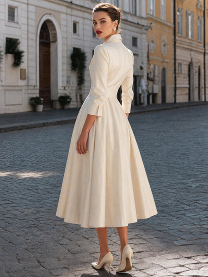 Elegant Notched Collar 3/4 Sleeve A-Line Midi Dress