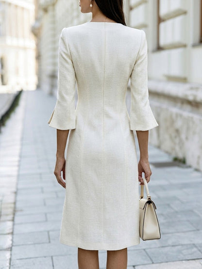 Tweed V-Neck Button Front Midi Dress