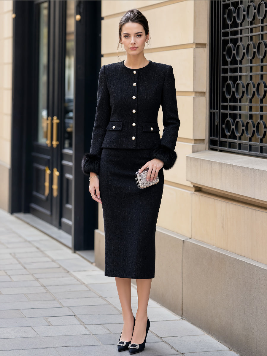 Faux Fur Trim Tweed Crop Jacket & Pencil Skirt Set