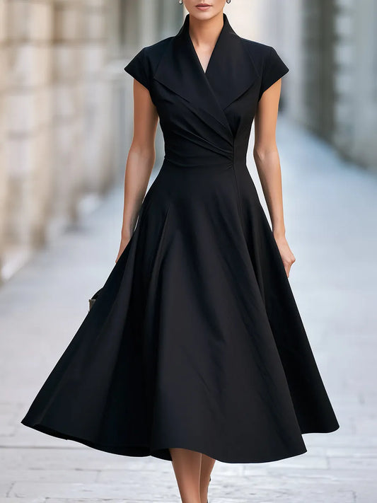 Notched Lapel Cap Sleeve Fit-and-Flare Midi Dress