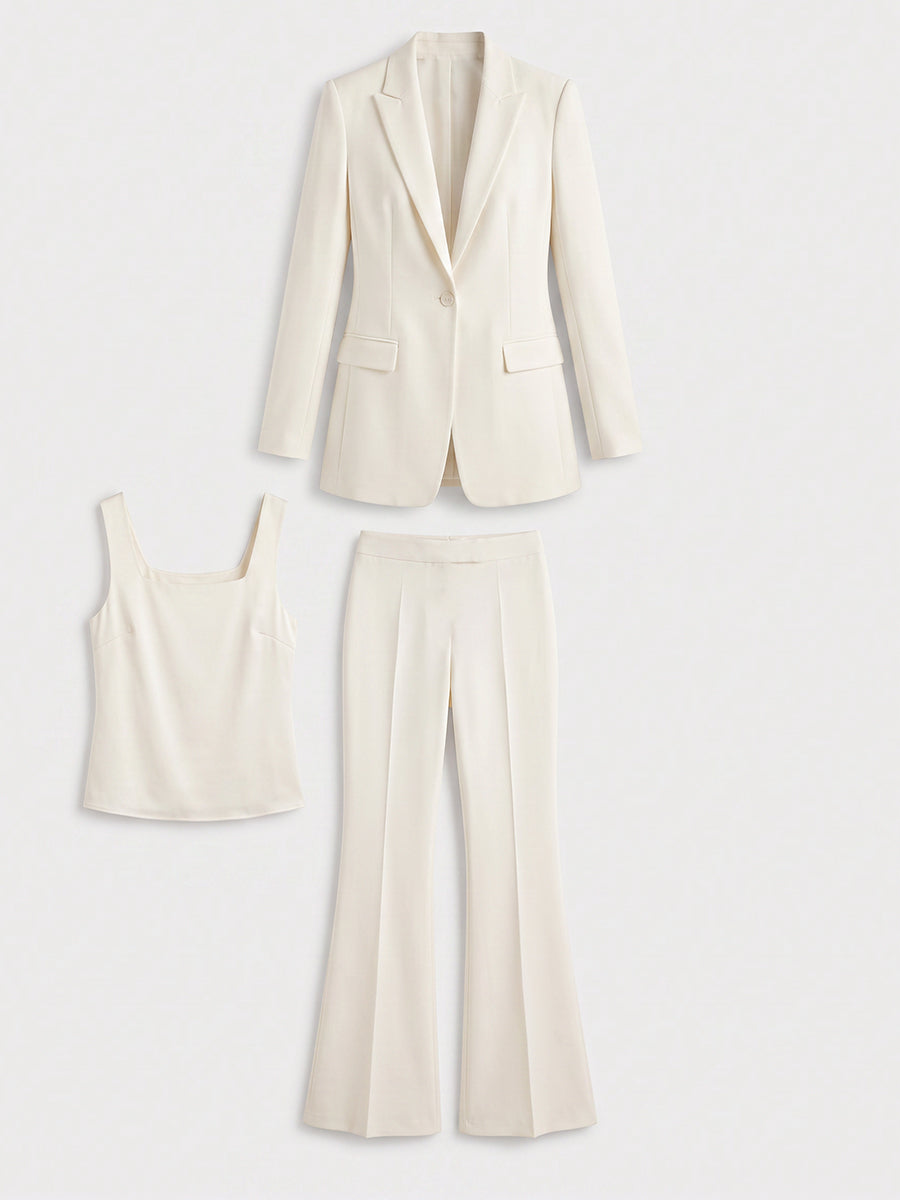 Notched‐Lapel Blazer, Cami Top & Flare‐Leg Trouser Three‐Piece Suit
