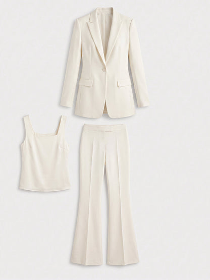 Notched‐Lapel Blazer, Cami Top & Flare‐Leg Trouser Three‐Piece Suit