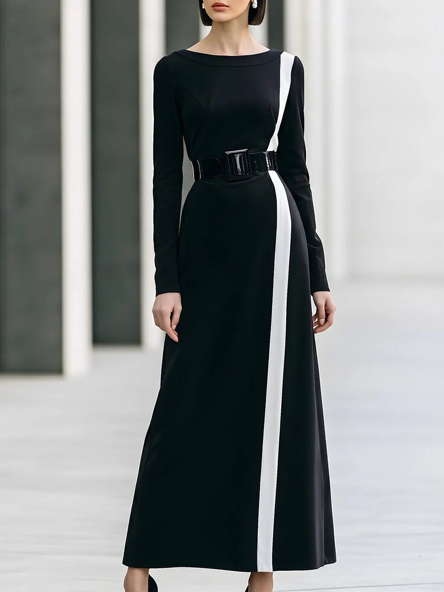 Contrast Stripe Belted Maxi Dress
