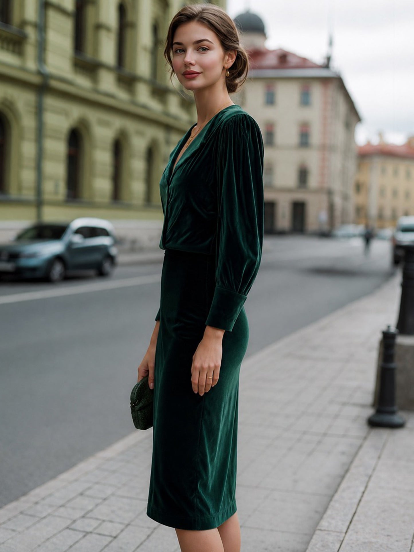 Velvet Puff-Sleeve V-Neck Pencil Midi Dress