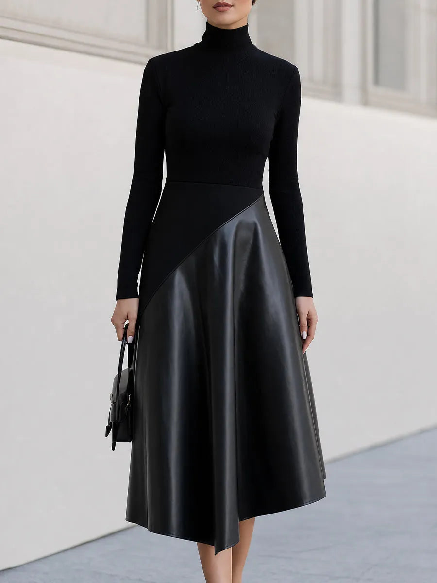 Turtleneck Long Sleeve Asymmetrical Midi Flare Dress