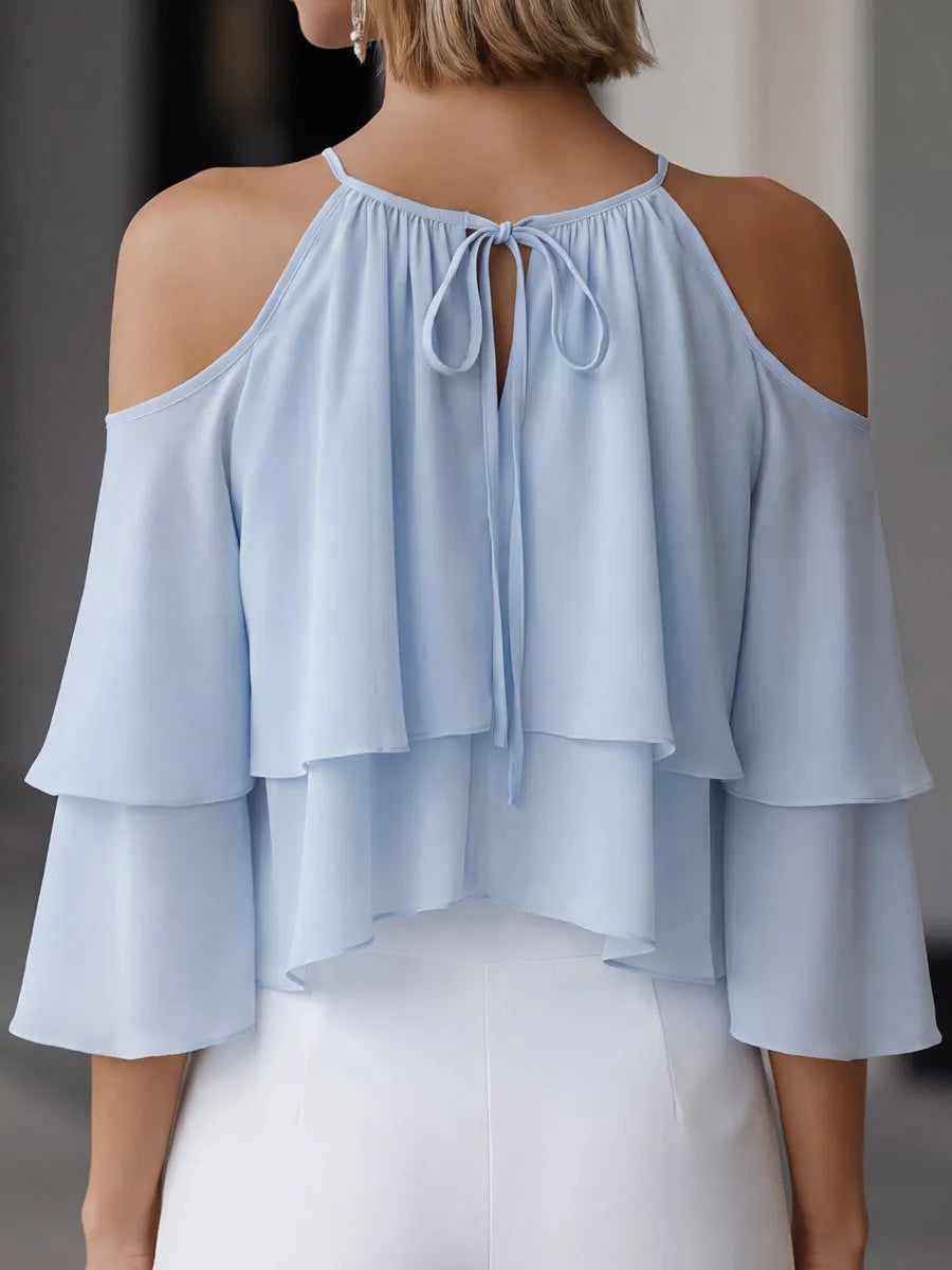 Elegant Cold-Shoulder Tiered Ruffle Chiffon Blouse