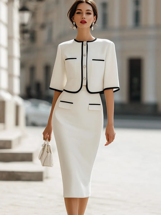 Contrast Trim Cropped Jacket & Pencil Skirt Two-Piece Set