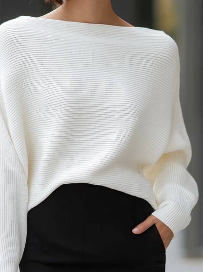 Boat-Neck Dolman Sleeve Ribbed Knit Sweater