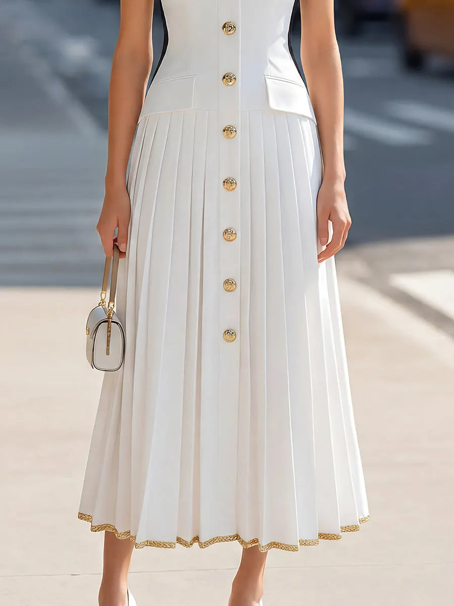 Gold-Trim Button-Front Pleated Midi Dress