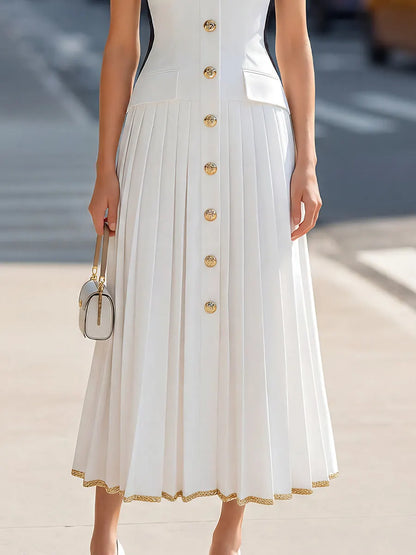 Gold-Trim Button-Front Pleated Midi Dress