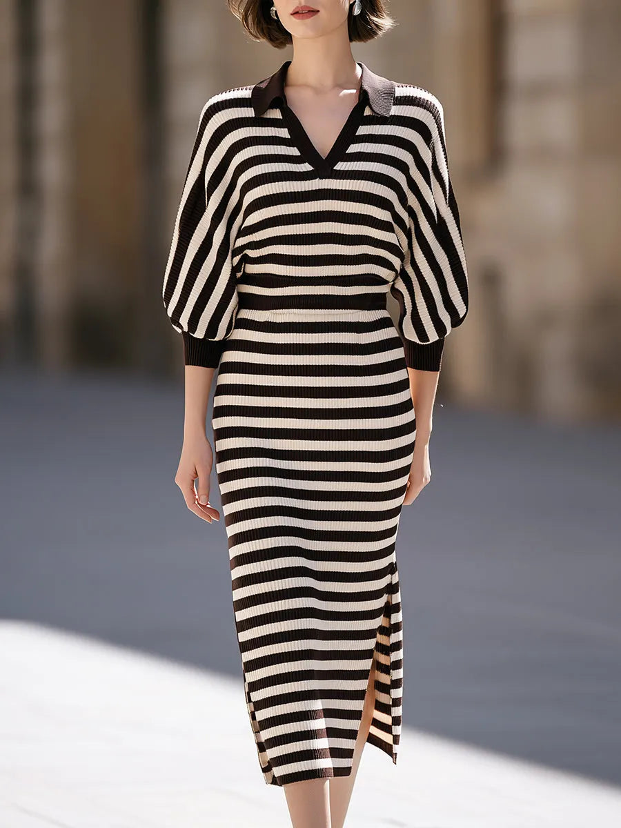 Striped Collared Ribbed Knit Midi Dress
