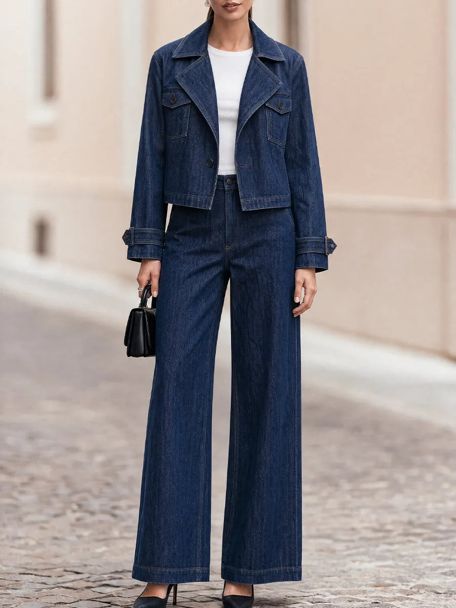 Notched Lapel Cropped Jacket & High Waist Wide Leg  Trousers Two-Piece  Suit