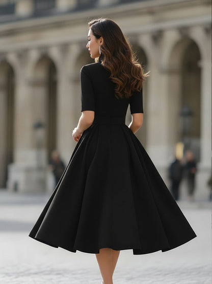 Elegant V-Neck Tailored A-Line Midi Dress