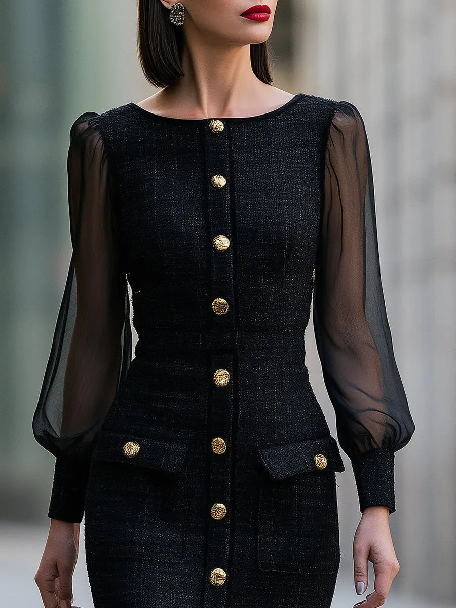 Tweed Midi Dress With Gold Button Detailing And Sheer Puff Sleeves