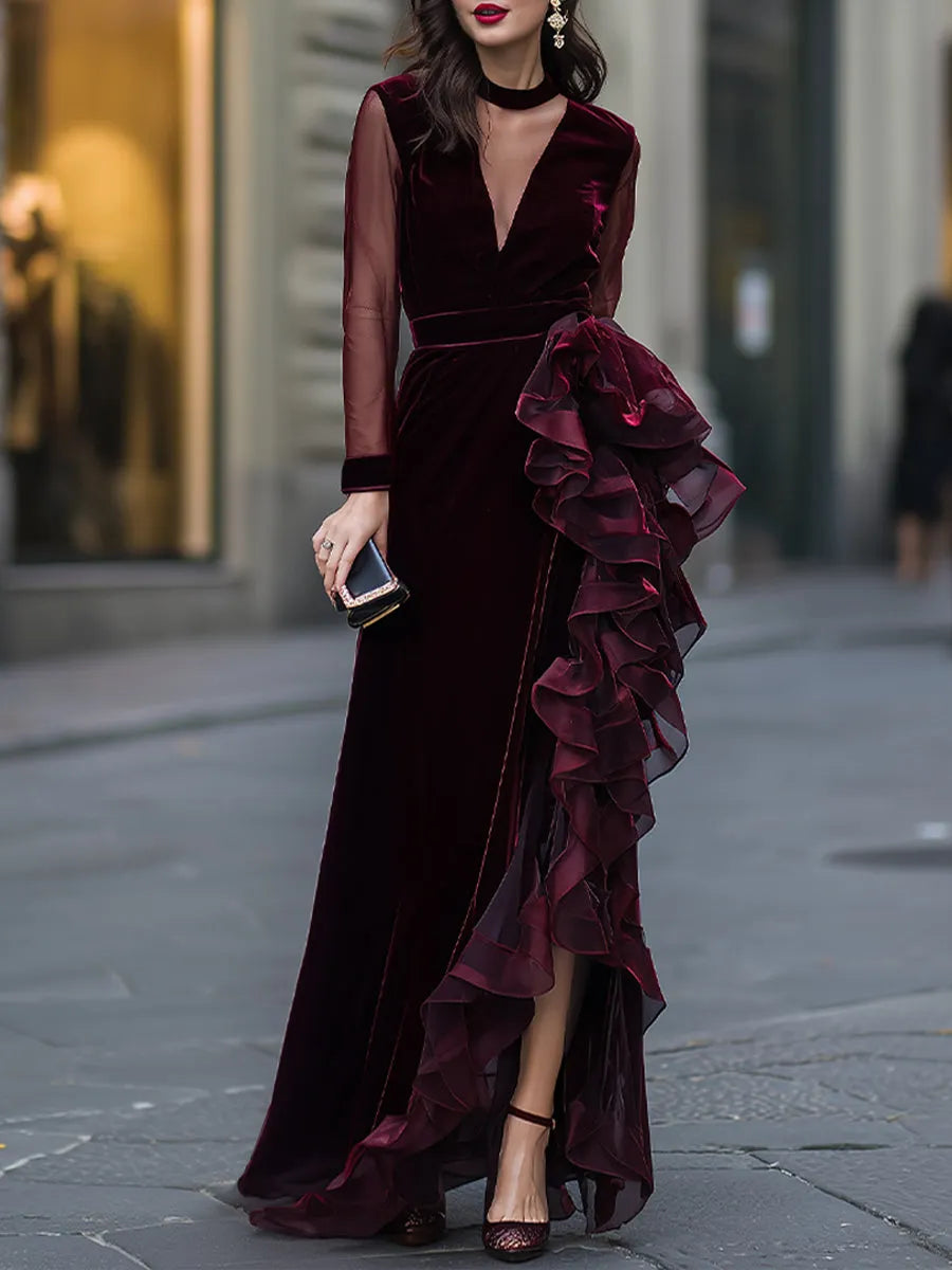 Sheer Sleeve Velvet Cascading Ruffle Evening Gown