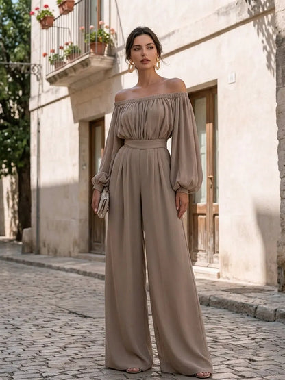 Off-Shoulder Cotton Blend Wide-Leg Jumpsuit