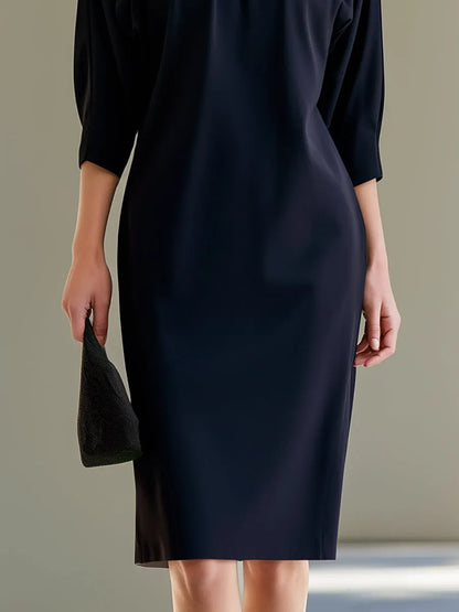Pleated Neckline Dolman-Sleeve Midi Dress
