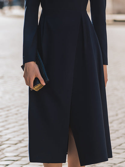 Elegant Boat-Neck Long-Sleeve Midnight Navy Midi Dress