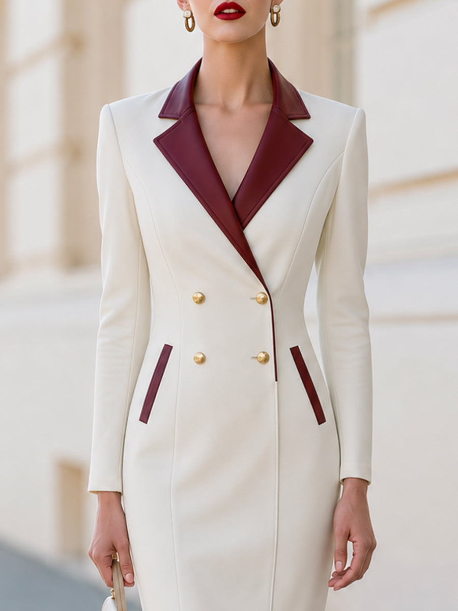 Burgundy Faux Leather Lapel Blazer Midi Dress