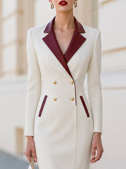Burgundy Faux Leather Lapel Blazer Midi Dress