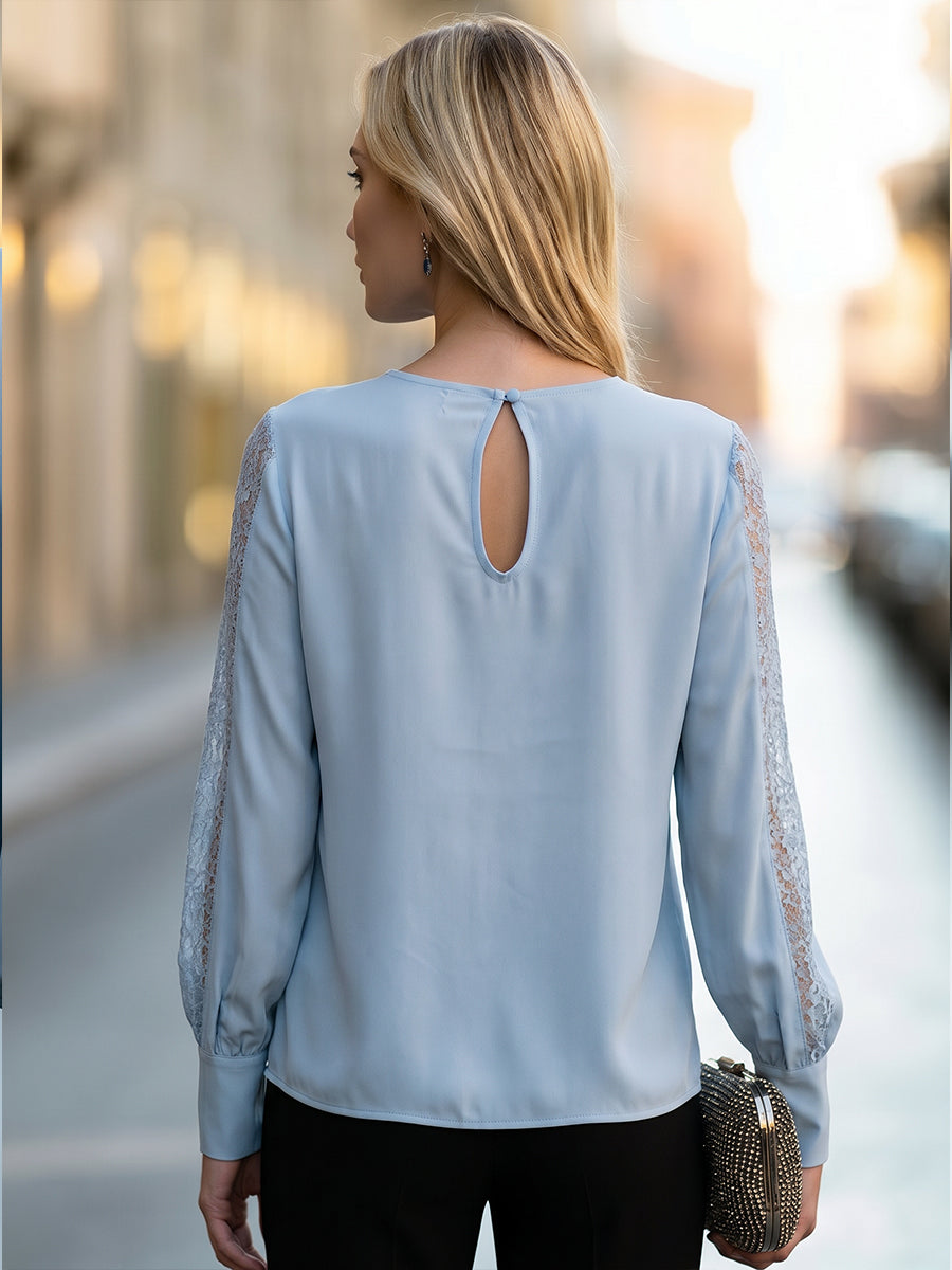 Light Blue Lace Panel V-Neck Blouse Elegant Sheer Sleeve Workwear Top