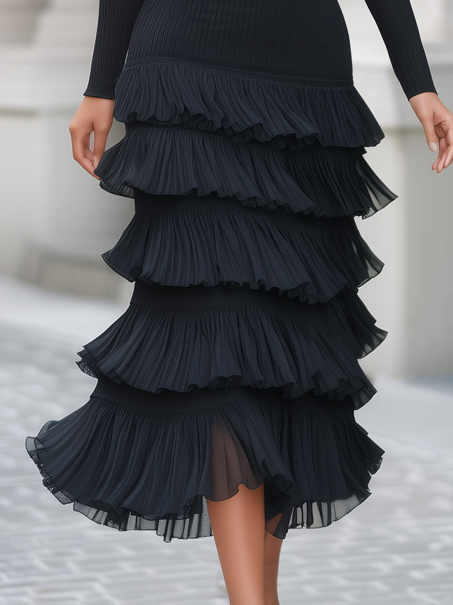 Chiffon Ruffle Skirt Ribbed Knit Midi Dress