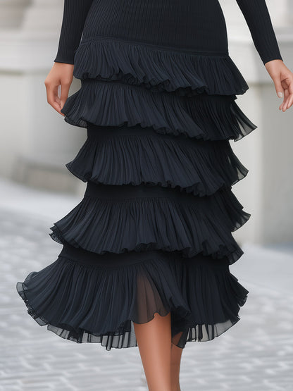 Chiffon Ruffle Skirt Ribbed Knit Midi Dress