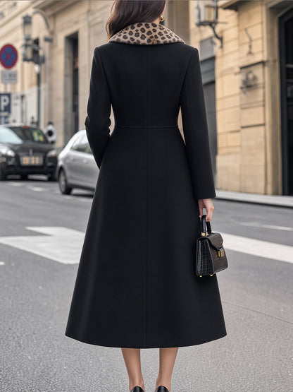 Leopard Faux Fur Collar Double-Breasted Midi Coat