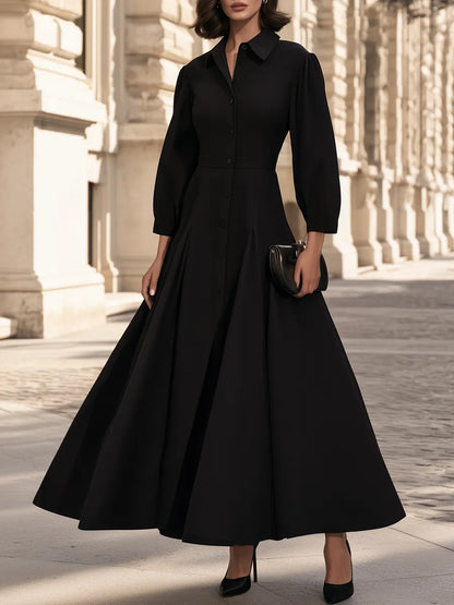 Elegant Black Shirt Collar Puff Sleeve A-Line Maxi Dress