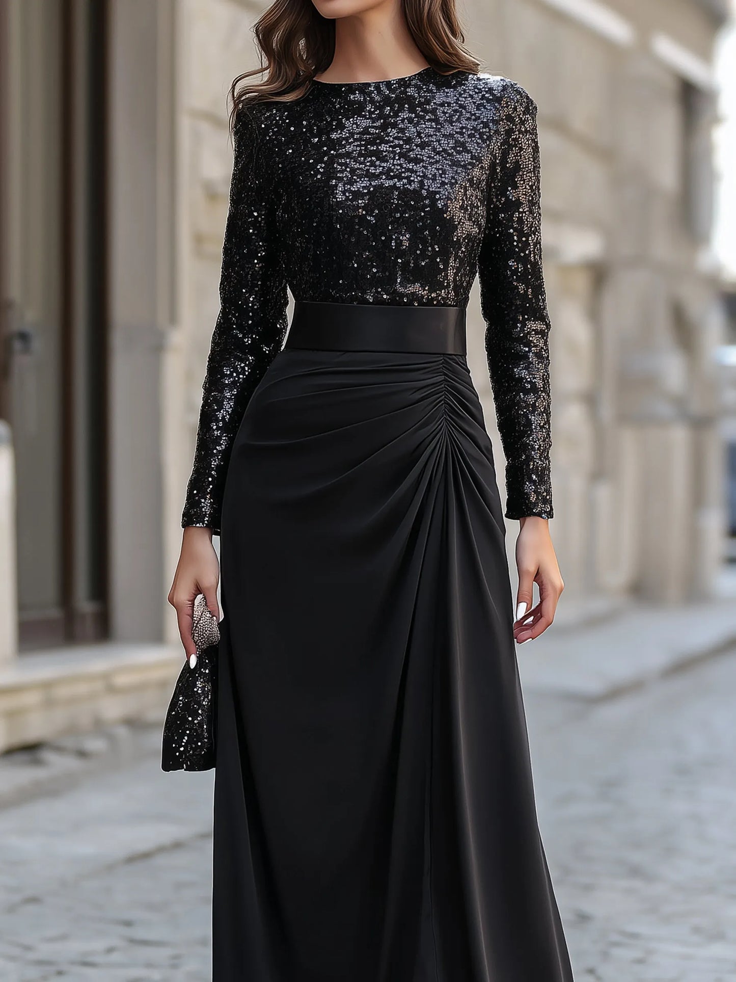 Sequin Spliced Ruched Maxi Gown
