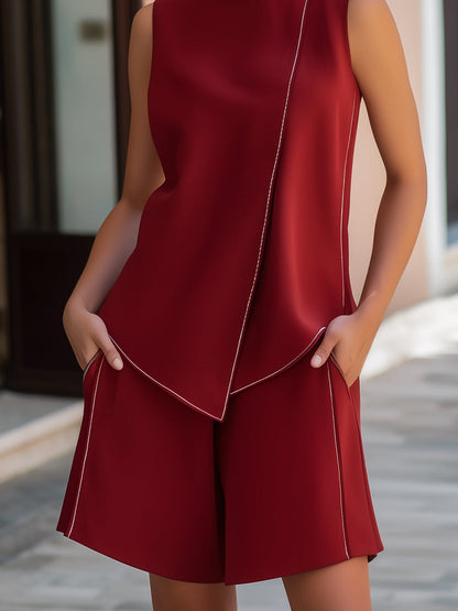 Contrast Piping Sleeveless Asymmetrical Top And Shorts Set