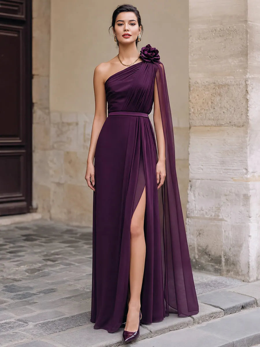 One-Shoulder Floral Detail Chiffon Evening Gown