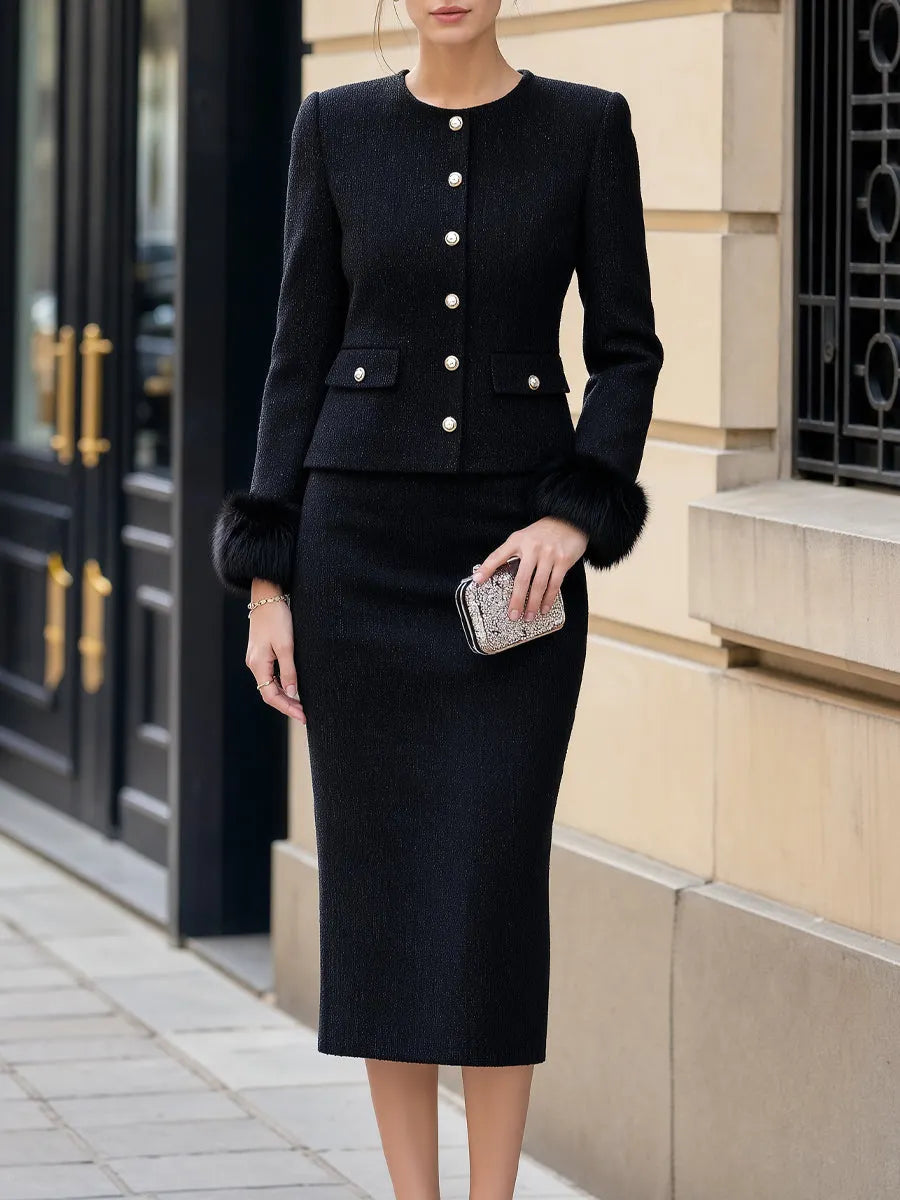 Faux Fur Trim Tweed Crop Jacket & Pencil Skirt Set