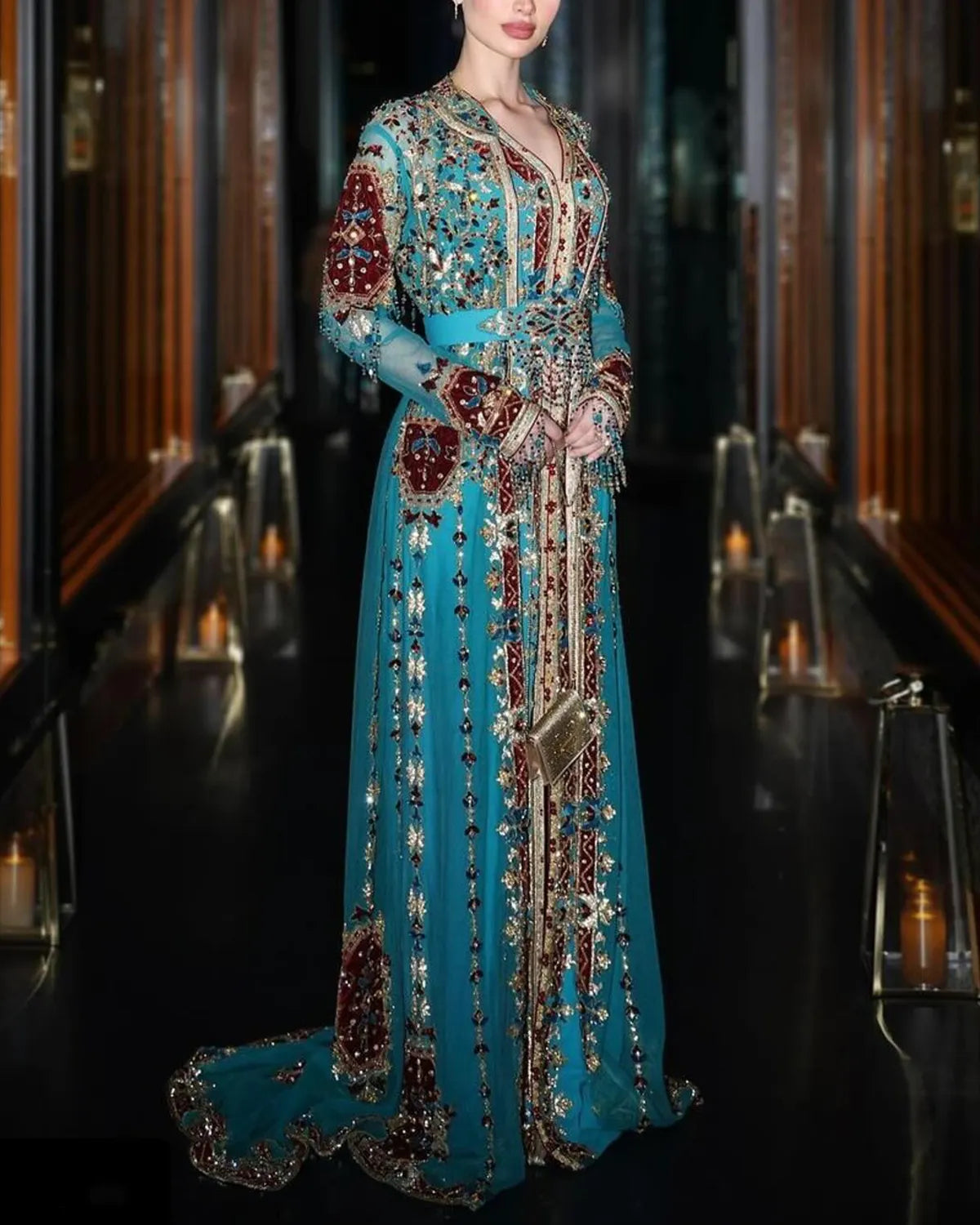 Women's Long Sleeve V Neck Mesh Embroidery Dress