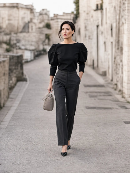 Women's Puff Sleeve Boat Neck Blouse - Elegant Structured Top