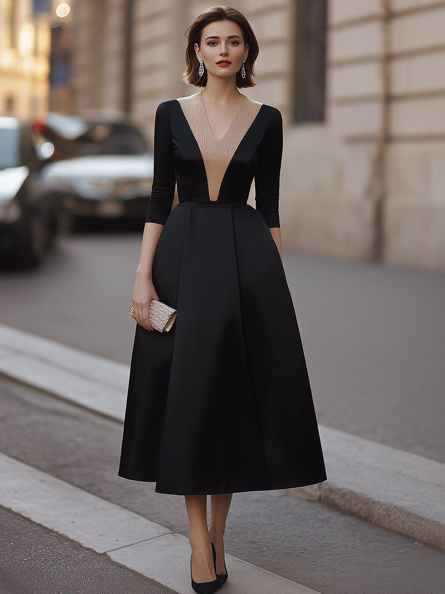 Contrast Gold Glitter V-Neck Three-Quarter Sleeve Full A-Line Midi Dress
