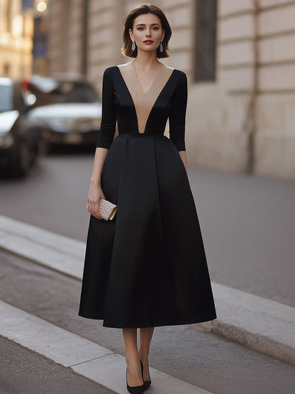 Contrast Gold Glitter V-Neck Three-Quarter Sleeve Full A-Line Midi Dress