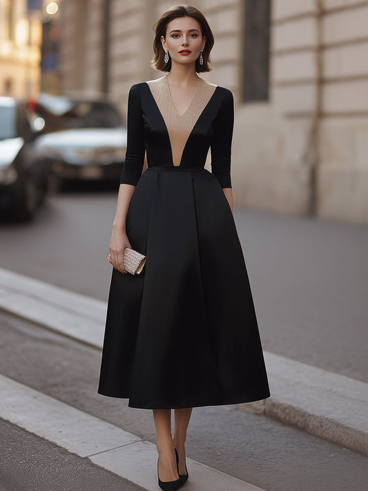 Contrast Gold Glitter V-Neck Three-Quarter Sleeve Full A-Line Midi Dress