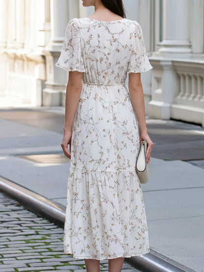 Waist Tie Floral Branch Print Tiered Midi Dress