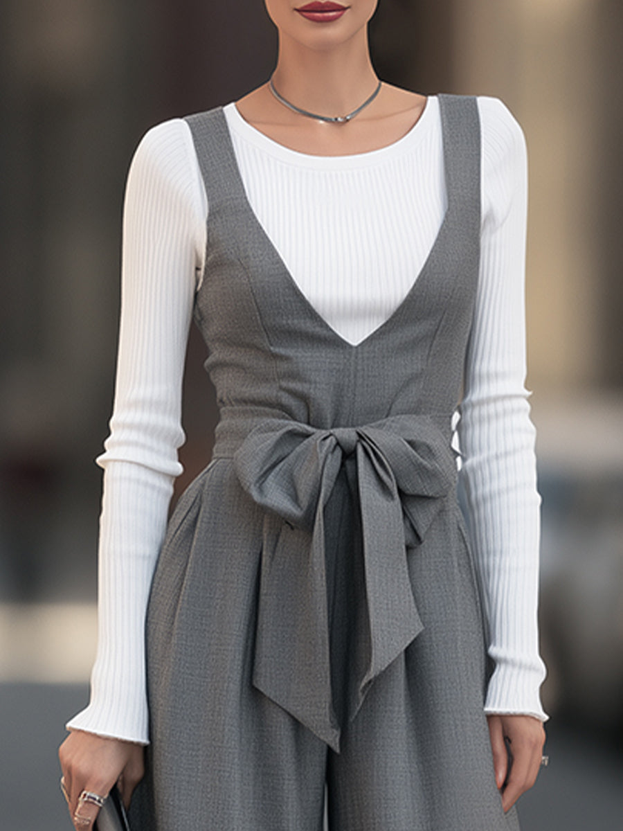 Ribbed Knit Top & Tie-Waist Wide-Leg Overall Two-Piece Set