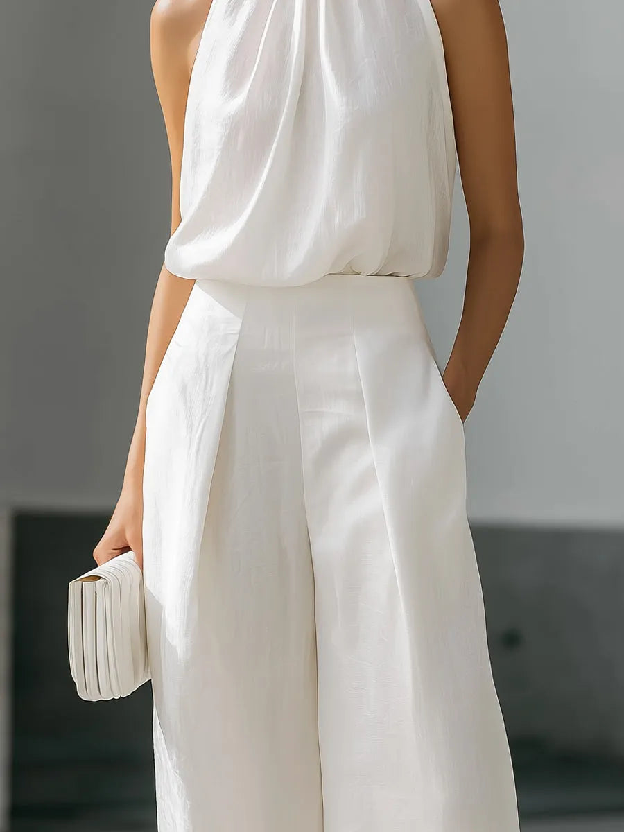 High-Neck Halter Top And Wide-Leg Trousers Set With Fluid Silhouette