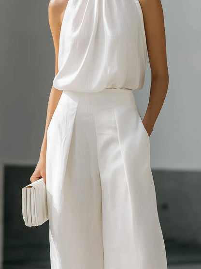 High-Neck Halter Top And Wide-Leg Trousers Set With Fluid Silhouette