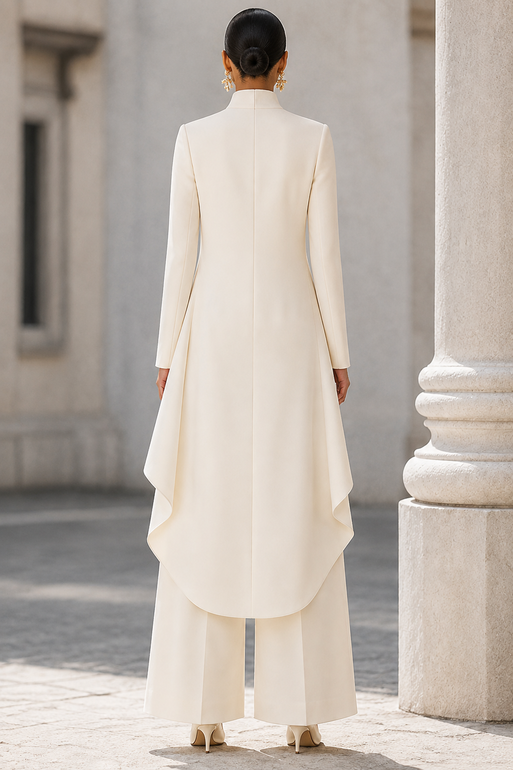 Elegant Ivory High Neck Tailored Longline Coat Set