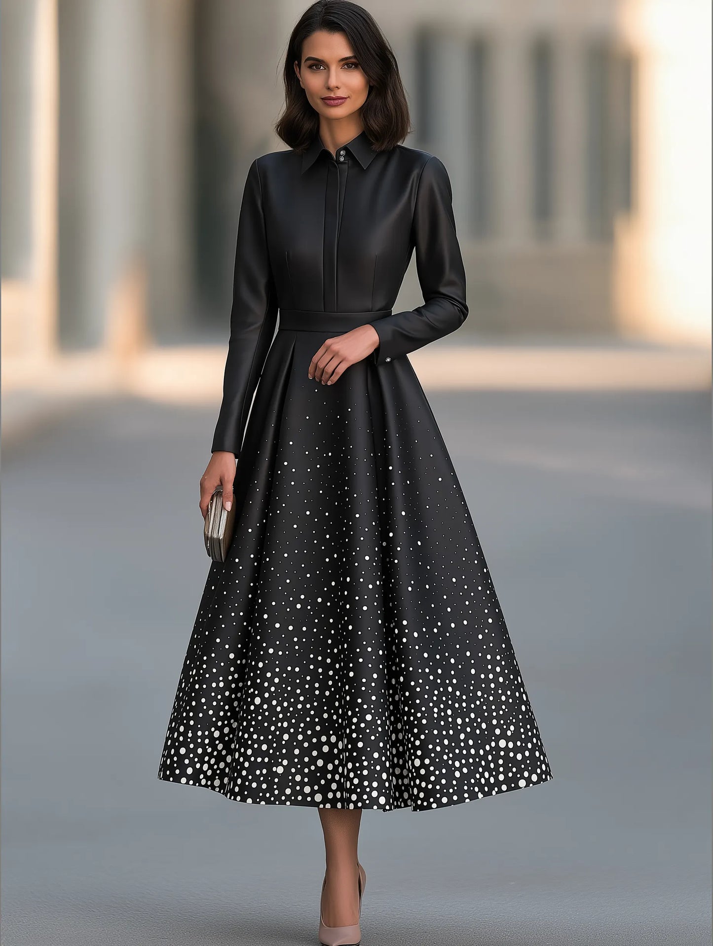 Women's Black Long-Sleeve Collared Polka Dot A-Line Midi Dress