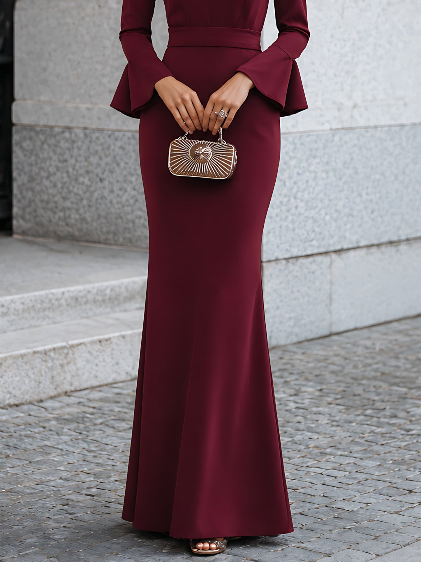 Cutout Flared-Sleeve Mermaid Maxi Dress