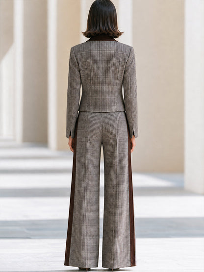Contrast-Trim Plaid Jacket And Wide-Leg Pants Set