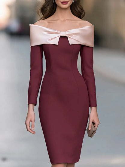 Satin Bow Off-Shoulder Midi Dress